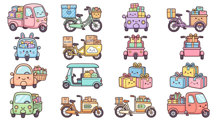 Cute Delivery Vehicles and Gift Boxes Collection, Kawaii Style, Transparent Background