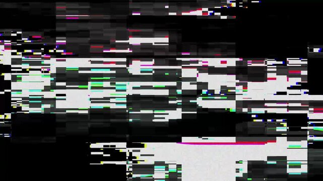 Abstract digital glitch effect with pixelated screen artifacts and colorful noise interference patterns on a dark background showing a broken video signal or corrupted data stream