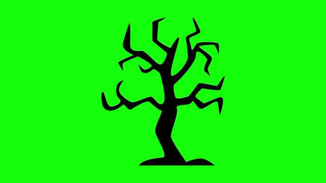 Halloween evil tree, monster in black silhouette, trick or treat icon sign, isolated on green screen. Vector cartoon animation. Advertisement, illustration idea, party and celebration symbol. 