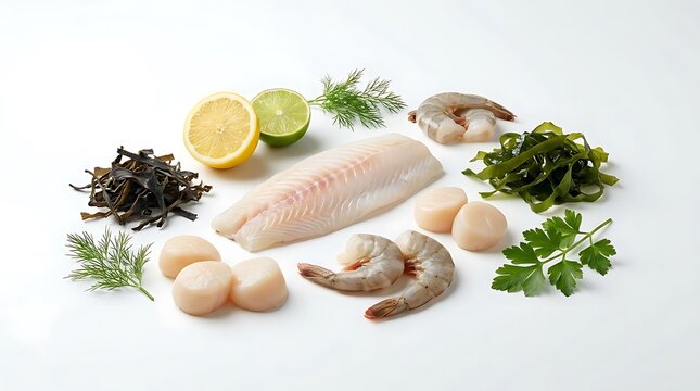 A fresh oceanic food arrangement featuring white fish fillet, succulent shrimp, plump scallops, seaweed, lemon, lime, and fresh herbs on a clean background