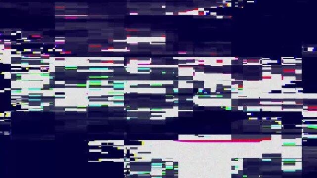 Abstract digital glitch screen with dark blue background and colorful pixel noise static interference pattern for modern technology and cyber security design background concepts