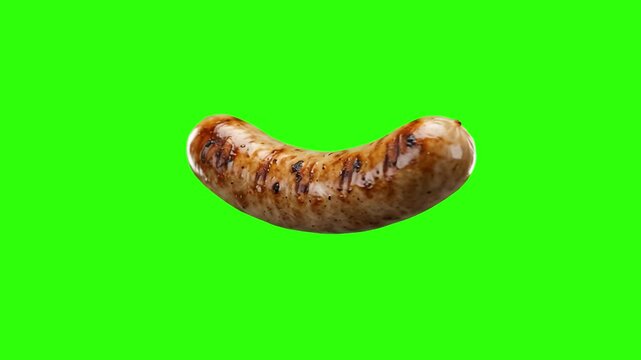 A realistic 3D animated grilled sausage with dark grill marks, isolated on a bright chroma key green screen. Perfect for food commercials, cooking shows, and keying video overlays.