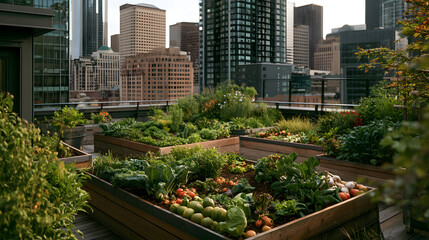 Fototapeta premium Green Rooftop Garden Flourishing Above Downtown Seattle High-Rise with Urban Skyline in Background