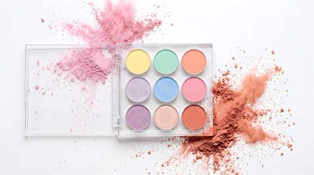 Pastel eyeshadow palette surrounded by colorful powder splashes and scattered cosmetic dust