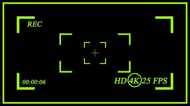 Digital camera recording viewfinder overlay with green frame and rec button interface elements for video production and cinematography projects on a dark black background screen