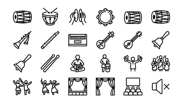 Minimal line art icons for Ganesh Chaturthi festival instruments and performers