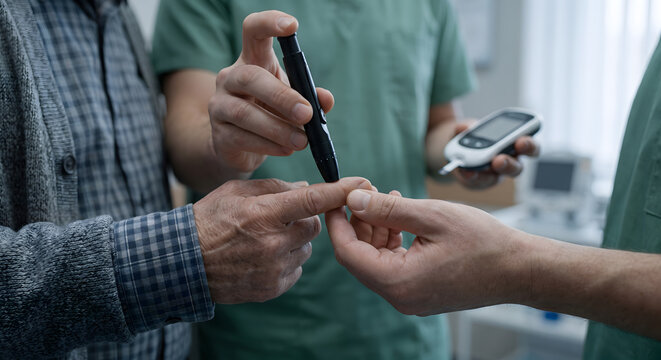 Medical professional checking blood sugar levels for senior patient using portable glucose monitor.