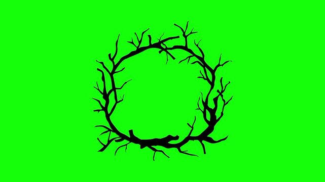 Halloween evil tree, monster in black silhouette, trick or treat icon sign, isolated on green screen. Vector cartoon animation. Advertisement, illustration idea, party and celebration symbol. 