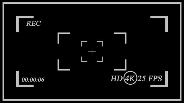 Camera recording screen overlay with rec indicator and focus frame lines showing hd 4k resolution and frame rate settings on a black digital viewfinder display interface