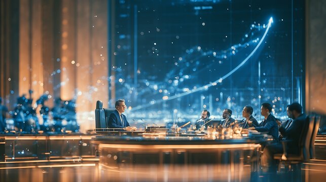 Interest Rate Decision central bank monetary policy committee meeting, governors seated at curved formal table, large screen behind showing inflation trend and rate decision graph with dramatic 
