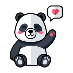 Obraz premium Cute Panda Bear Sitting and Waving Hand with a Red Heart Symbol in Speech Bubble