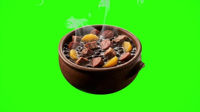 A traditional clay bowl filled with steaming hot Brazilian Feijoada black bean stew with pork sausage and orange slices isolated over a solid green chroma key background. Ideal for South American rest