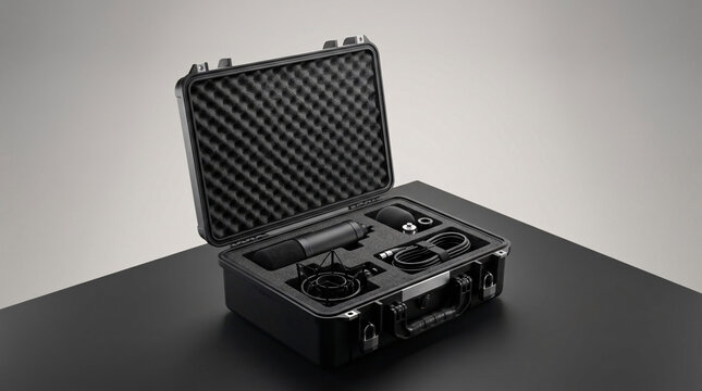 Open black hard case with professional photography lighting equipment inside.