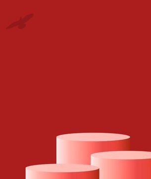 Minimalist Red Cylinder Podium Product Display Stand with Flying Bird Silhouette Background