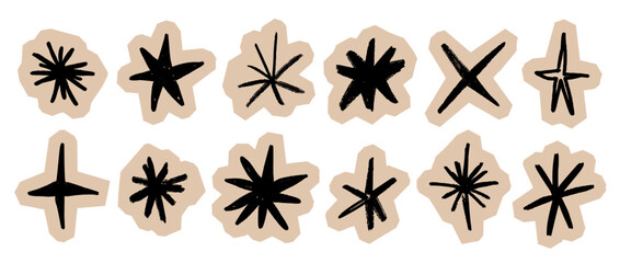 Obraz premium Craft scrapbook stars collection. Hand drawn collage spark element set. Crayon doodle sparkle cut out paper sticker pack. Sketched shapes for DIY badge, zine, poster. Vector illustrations