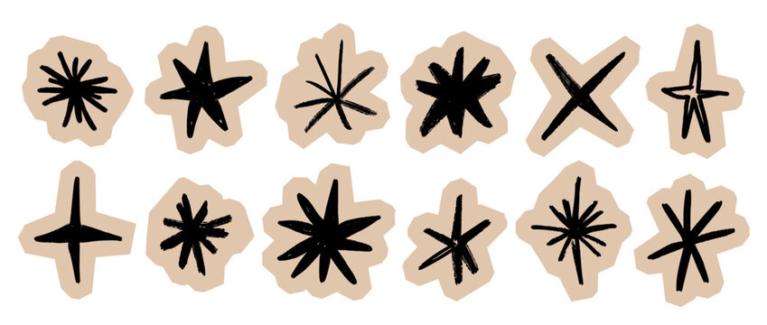 Craft scrapbook stars collection. Hand drawn collage spark element set. Crayon doodle sparkle cut out paper sticker pack. Sketched shapes for DIY badge, zine, poster. Vector illustrations