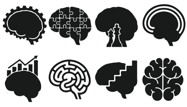 Stylized Brain Silhouettes Representing Business Intelligence, Data Analysis, Creativity, and Strategic Thinking for Modern Design Projects