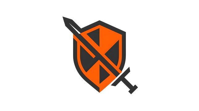 Minimalist vector logo design featuring a stylized sword crossing a shield in orange and dark grey