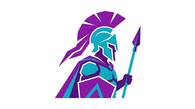 Stylized Spartan warrior mascot logo design in vibrant purple and teal colors