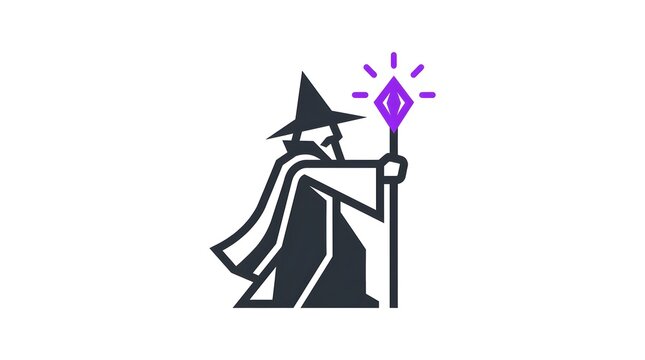 Minimalist logo icon of a wizard holding a glowing magic staff