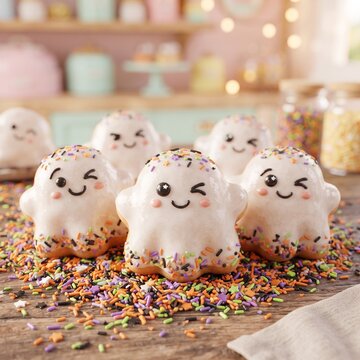 Donuts shaped like cute ghosts with smiling faces are covered in white icing and colorful sprinkles on a rustic wooden tabletop.