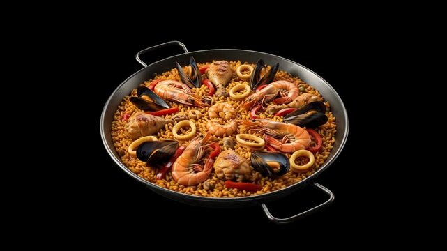 A top-down shot of a traditional Spanish paella pan filled with rice, shrimp, mussels, and squid against a dark black backdrop. Ideal for restaurant menus, Spanish food promotions, and culinary video 