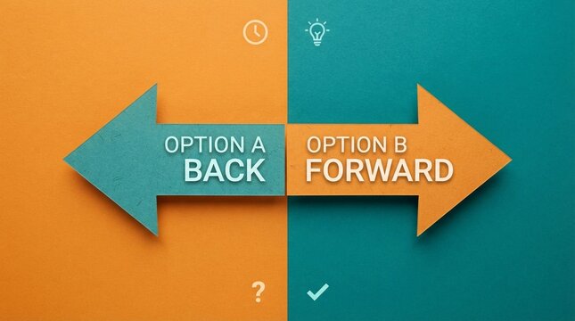 Colorful paper arrows pointing in opposite directions on split orange and teal background showing choice between moving back in time or advancing forward into future possibilities