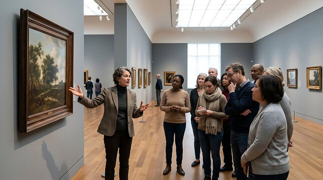 Art Practitioner Explaining Painting to Clients in Museum