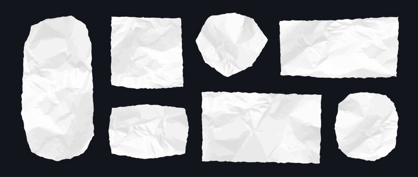 Scrapbook crumpled paper set. Wrinkled elements and shapes for sticker, collage, text box, banner, poster. Jagged edges torn paper strip piece collection. Vector empty textured ripped fragment sheet