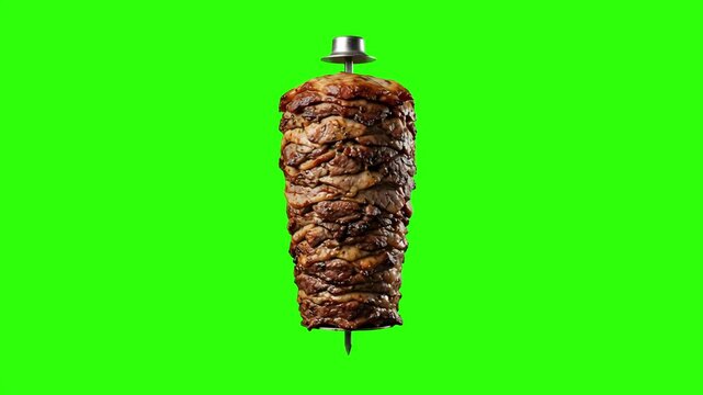 A vertical rotating doner kebab meat spit isolated on a bright green screen background for seamless compositing. Designed for fast-food video edits, Middle Eastern food promo clips, and commercial foo