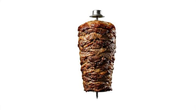A traditional vertical doner kebab or shawarma meat spit standing isolated on a solid white studio background. Suitable for Middle Eastern restaurant menus, fast food advertising, street food promos, 