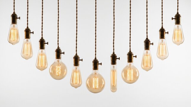 Collection of vintage Edison light bulbs hanging in a row.