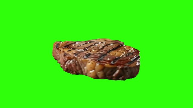 A juicy grilled beef steak featuring distinct sear marks isolated on a bright green screen background for easy keying. Ideal for steakhouse advertisements, culinary videos, barbecue promotions, and fo