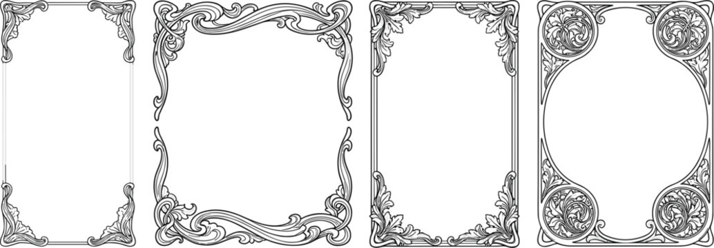 Set of four decorative ornate vertical rectangular borders featuring antique rococo style floral flourishes and swirls