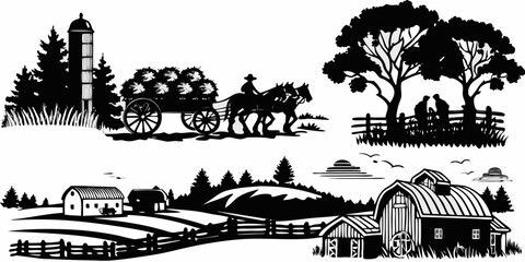 vintage farm scene in black and white woodcut style silhouette barn horse wagon © John Lee