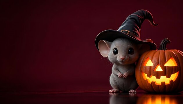 Cute 3D Mouse Character with Witch Hat and Halloween Pumpkin on Dark Red Background