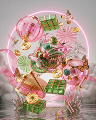 Fototapeta premium 3D Glass Chinese Lion Dance Mask with Floating Pink Lanterns