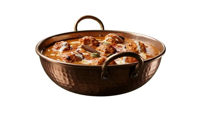 A detailed 3D model of authentic Indian chicken tikka masala curry with meatballs served in a traditional copper kadai bowl with handles, isolated against a solid white studio backdrop. Perfect for In