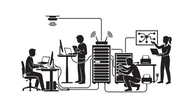 People working in a modern office with computer network server and wireless technology equipment
