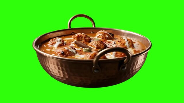 A traditional copper kadai bowl filled with rich Indian kofta curry with meatballs and creamy gravy sits isolated on a green chroma key background. Ideal for culinary shows, restaurant advertisements,