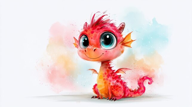 A cute, wide-eyed red dragon with orange wings and a friendly smile sits against a pastel watercolor background.