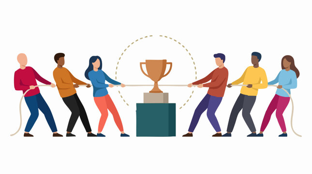 Tug of War Competition for Trophy: Business Teamwork and Rivalry Concept