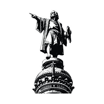 Christopher Columbus Monument Statue Vector Illustration in Barcelona Spain Black and White Engraving Style