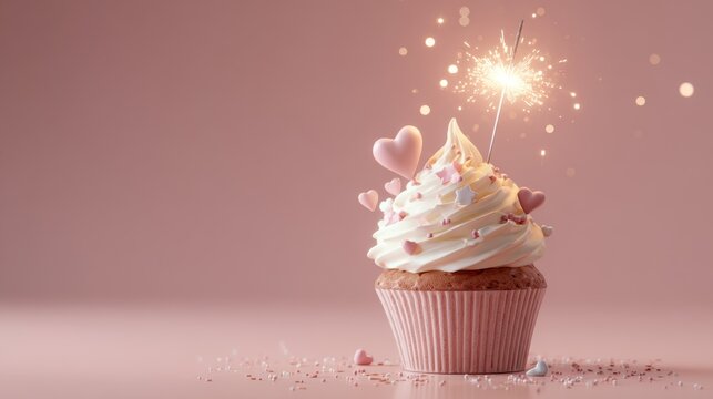 7.Portrait composition of cupcake with candle-style sparkler bursting with light, frosting topped with tiny hearts and stars, matte pink wall background, soft spotlight from side, delicate crumbs