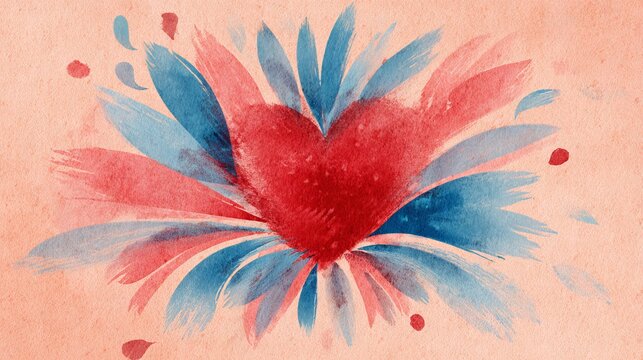 14.Decorative composition featuring textured red heart with painterly brush strokes, blue leaves radiating outward like sunburst, light pink or cream background, soft grain overlay, dreamy romantic