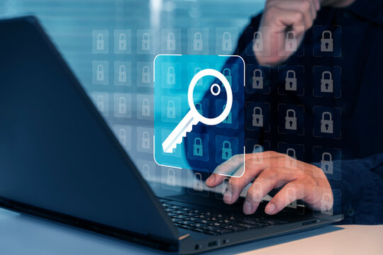Cybersecurity Access Control Concept with Laptop and Digital Key Interface