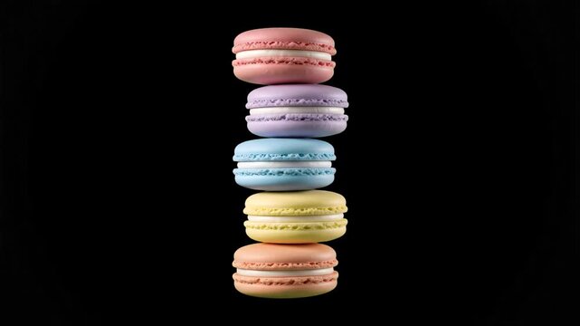 A vertical stack of pastel-colored French macarons featuring pink, purple, blue, yellow, and peach colors centered against a black backdrop. Ideal for bakery promos, dessert menus, packaging graphics,