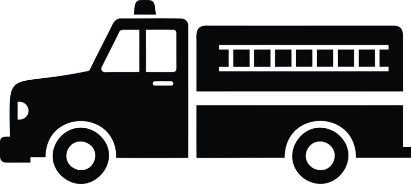 Black and white silhouette of a fire truck with a ladder fire engine