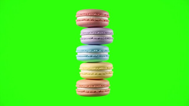A vertical stack of pastel-colored French macarons displayed against a bright green screen backdrop. Perfect for bakery advertisements, dessert video overlays, and sweet treat promotions.