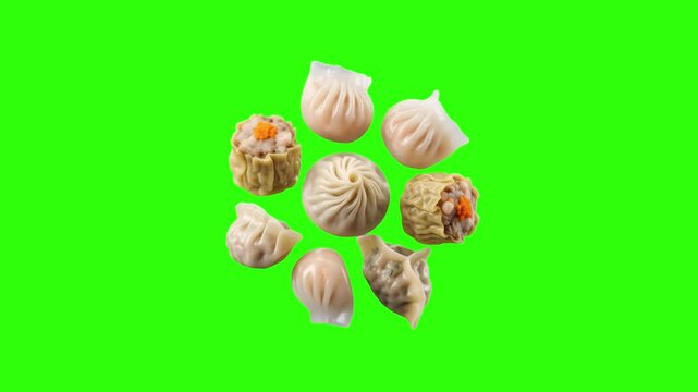 An overhead arrangement of traditional Chinese dim sum including dumplings, baozi, and shumai on a bright green background. Designed for easy keying in culinary shows, Asian food menus, and cooking ch